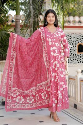 Cotton Printed Anarkali kurti pant dupatta Set
