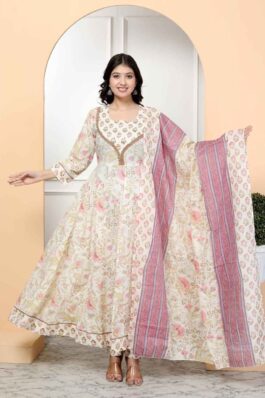 Cotton Printed Anarkali Kurti pant With 2.5 Meter dupatta - 1853VC1840045