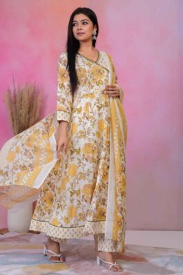 Cotton Printed Anarkali Kurti pant With 2.5 Meter dupatta - 1853VC1840046