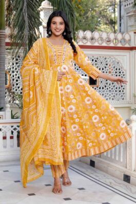 Cotton Printed Anarkali Kurti pant With 2.5 Meter dupatta - 1853VC1840056