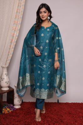 Printed fancy silk suits with organza dupatta - VC32506642100